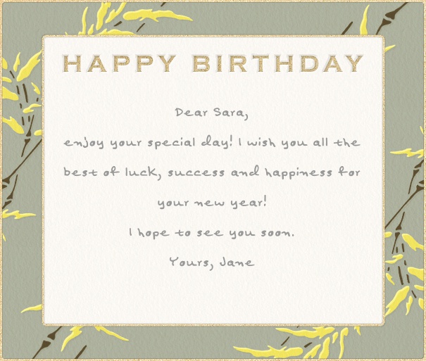 Karte mit grauem Rand mit gelben Blättern und Happy Birthday Text.