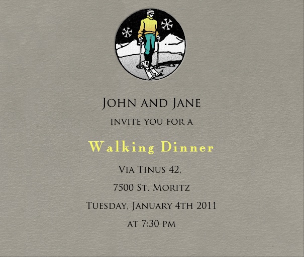 Square Grey Themed Skiing Invitation Design with Skier scene.