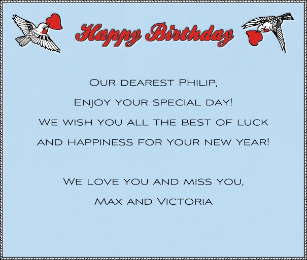 Blue Birthday Card with Birds and Happy Birthday Header.