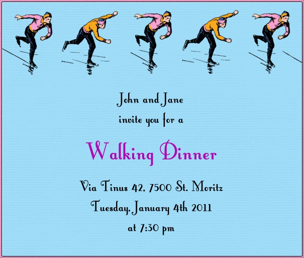 Square Sports themed Invitation card with ice Skaters and Purple border.