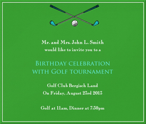 Square Green Golf Themed Invitation Cards with White Border and golf clubs.