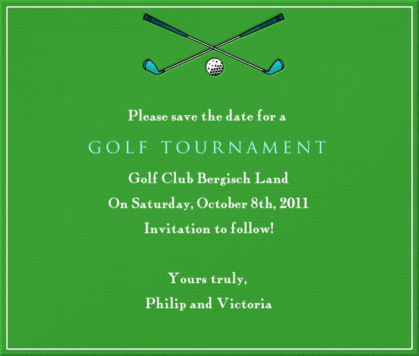 Grüne Golf Kartenvorlage mit Golfschlägern und Bällen als Sportmotiv in Querformat mit Text zum Anpassen für Online Save the Date Sendungen.