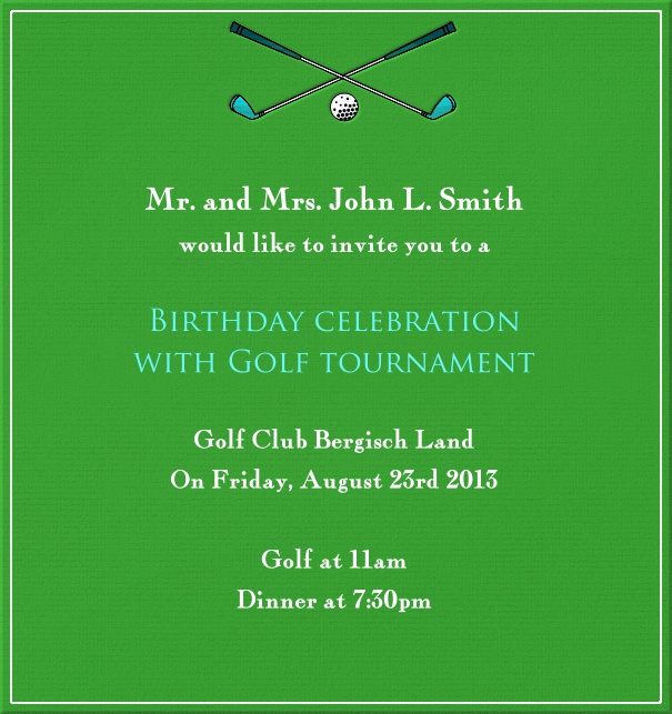 High Format Green Golf Themed Invitation Cards with White Border and golf clubs.
