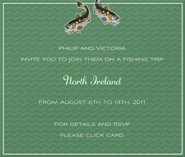 Square dark green fishing themed invitation design with Fish and white border.