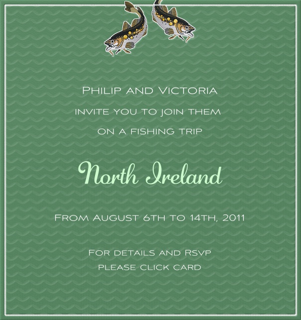 High Format dark green fishing themed invitation design with Fish and white border.