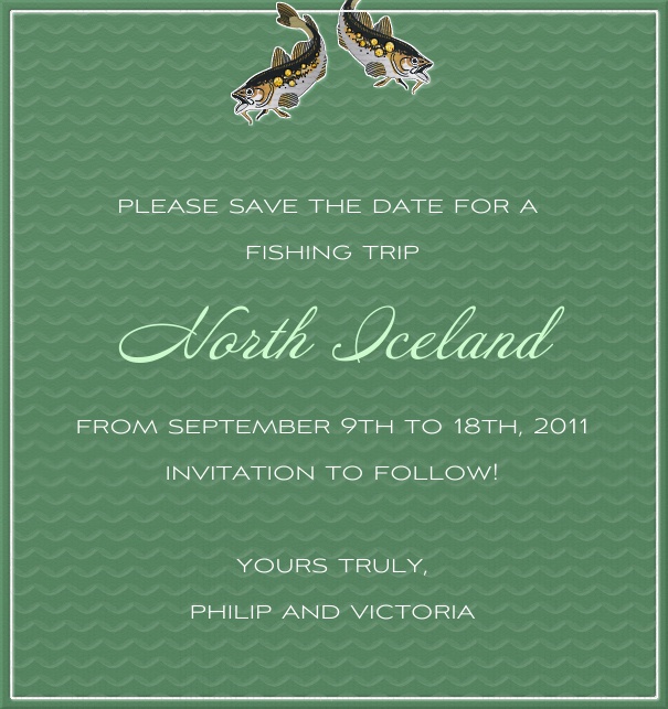 High Green Sport Themed Save the Date Card with Fishing Motif.