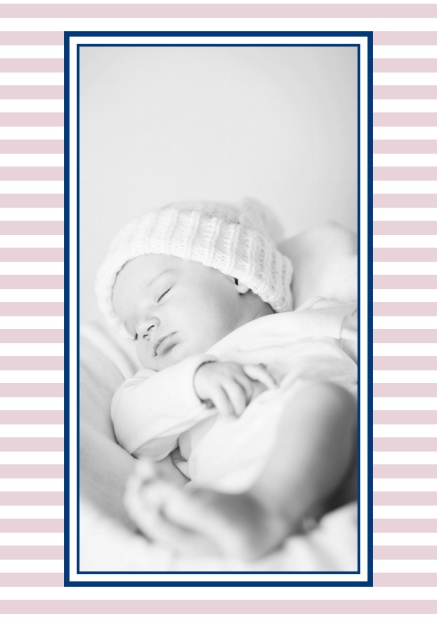 Online Geburtsanzeige mit Rahmen aus Streifen und selbst hochzuladendem Foto in der Mitte. Rosa.