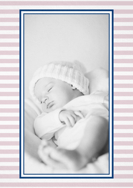 Geburtsanzeige mit Foto zum Hochladen und Rahmen mit breiten Streifen. Rosa.