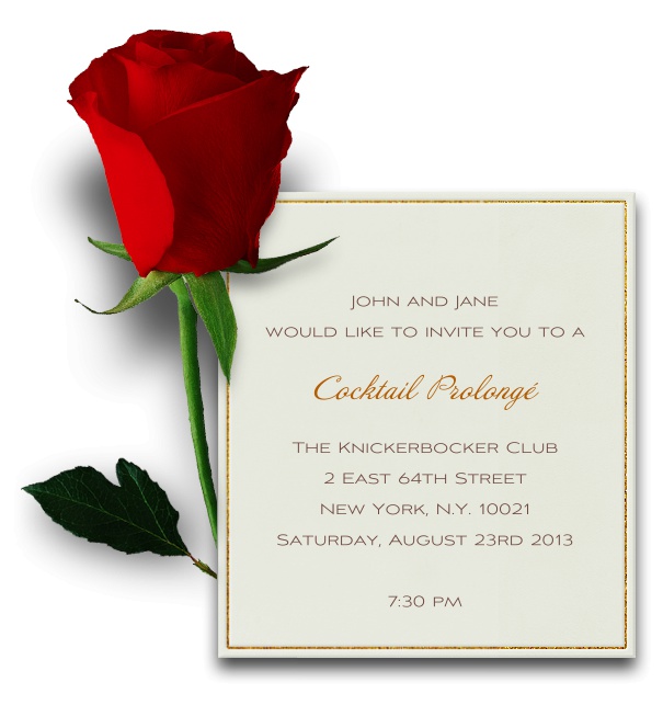 Blumen Einladungskarte in weiss mit goldenem Rahmen und digitaler Version einer echten roten Rose an der linken oberen Seit.