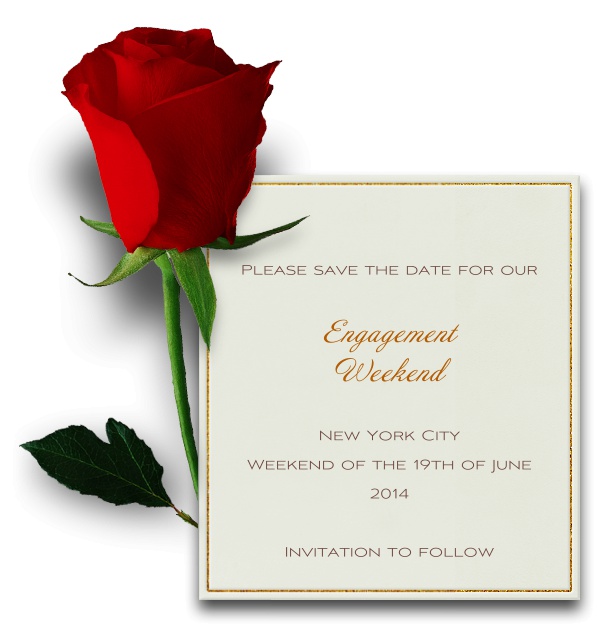 White Flower themed Save the Date Card with Thin Red Rose and Gold Border.