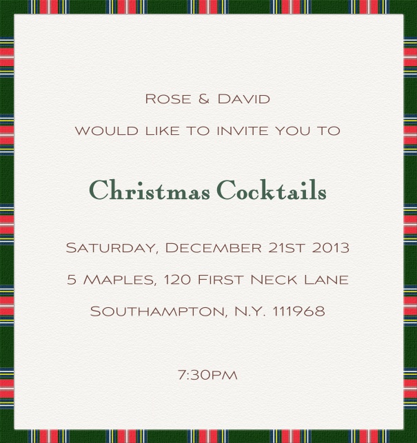 White Christmas high format invitation card with red and green think border. Including designed text in grey and beige to match the card.