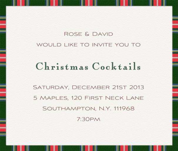 White Christmas square format invitation card with red and green think border. Including designed text in grey and beige to match the card.