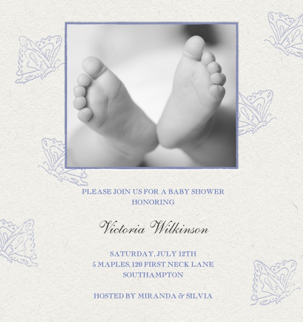 Baby Announcement photo card with blue butterflies.