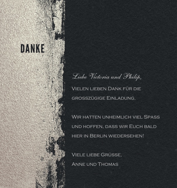 Schwarz-Beige Online Dankeskarte mit Schriftzug DANKE links und mit editierbarem Textfeld.