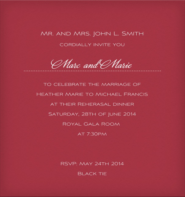 Red, classic Wedding Invitation Card with customizable text box and space for recipient names.