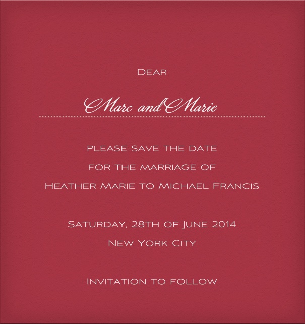 Red classic formal high format Save the Date Card with personal addressing of recipients.