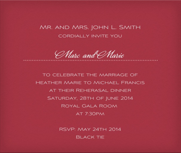 Red, classic Wedding Invitation Card with customizable text box and space for recipient names.