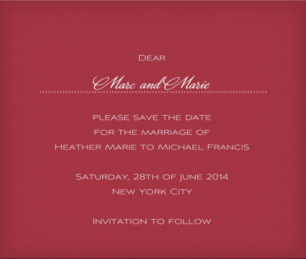 Red classic Save the Date Card with personal addressing of recipients.