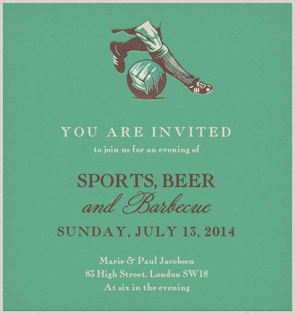 Watching sports with beer and bbq invitation with player kicking soccer ball