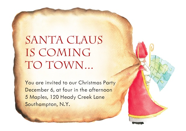 In the Bag - Holiday invitation cards Christmas card with Santa Claus and large bag of presents.