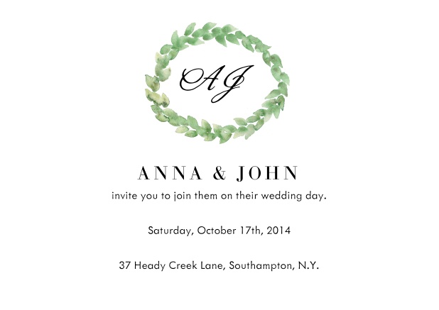 Online Wedding invitation card with green wreath for couple's initials.