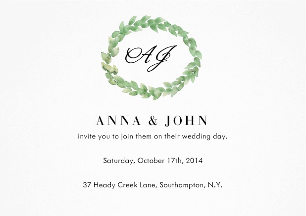 Wedding invitation card with green wreath for couple's initials.