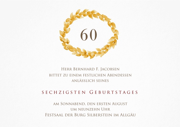 Einladung mit goldenem Kranz oben zum 60. Geburtstag.