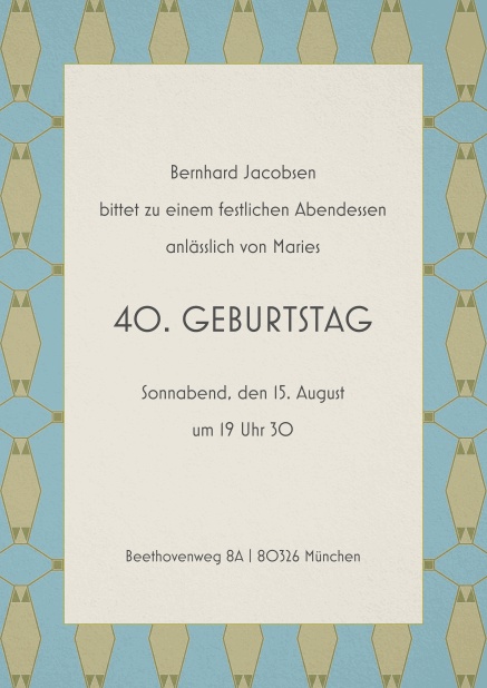 Einladung zum 40. Geburtstag mit Musterrand und mittigem Text.