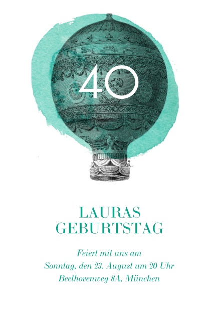 Online 40. Geburtstagseinladungskarte mit Heißluftballon und editierbarem Text.