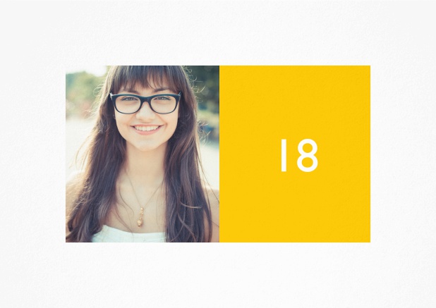 Birthday card for a 18th Birthday celebration with photo and square editable textfield. Yellow.