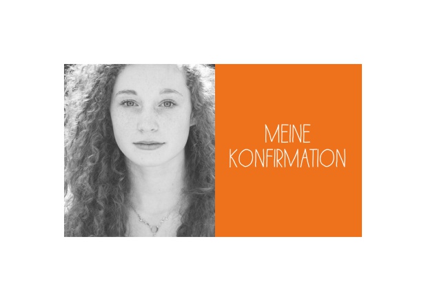 Online Einladungskarte zur Konfirmation mit Foto und größerem Textfeld rechts in verschiedene Farben. Orange.