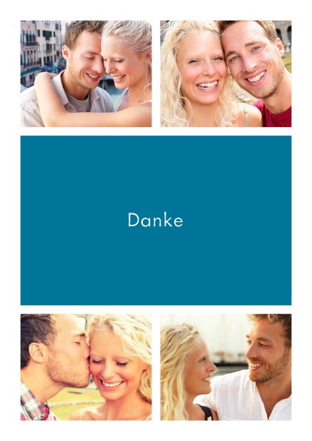 Online Dankeskarte mit Vier Fotofeldern und dazwischen ein farbiges Textfeld Blau.