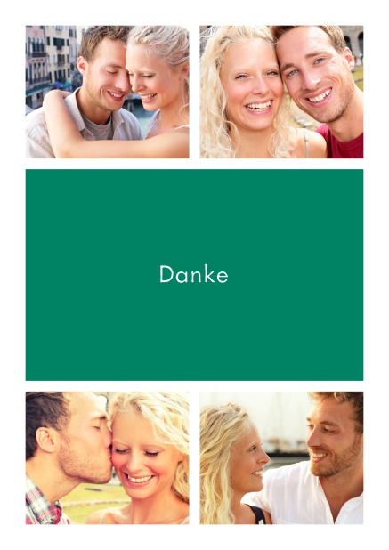 Online Dankeskarte mit Vier Fotofeldern und dazwischen ein farbiges Textfeld Grün.