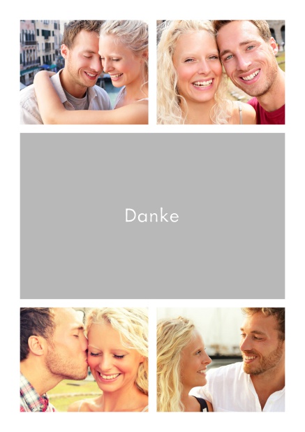 Online Dankeskarte mit Vier Fotofeldern und dazwischen ein farbiges Textfeld Grau.