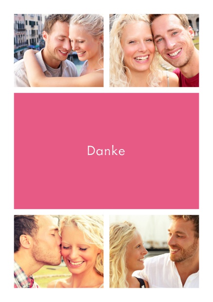 Online Dankeskarte mit Vier Fotofeldern und dazwischen ein farbiges Textfeld Rosa.