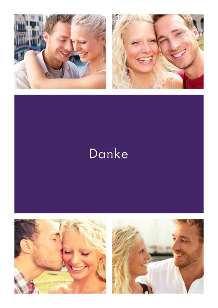 Online Dankeskarte mit Vier Fotofeldern und dazwischen ein farbiges Textfeld Lila.