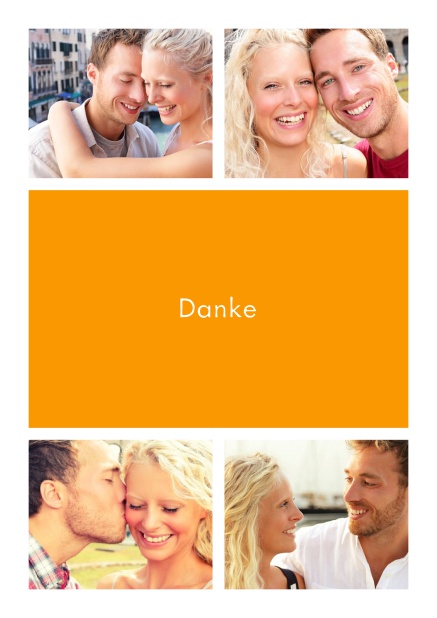 Online Dankeskarte mit Vier Fotofeldern und dazwischen ein farbiges Textfeld Gelb.