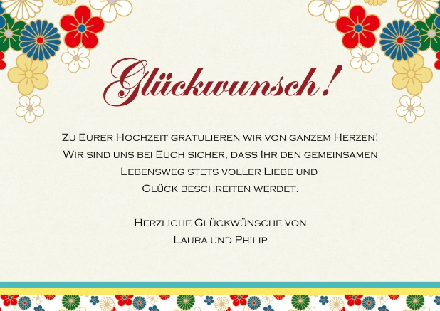 Online Glückwünsche senden mit dieser bunten Karte mit bunten Blumen.