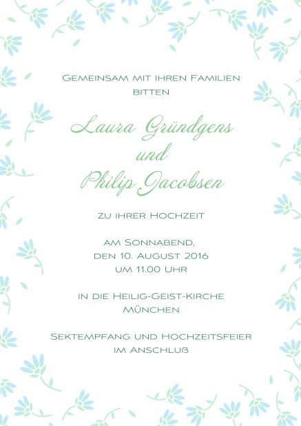 Einladungskarte zur Hochzeit mit Rahmen aus zarten gelben Blumen. Blau.