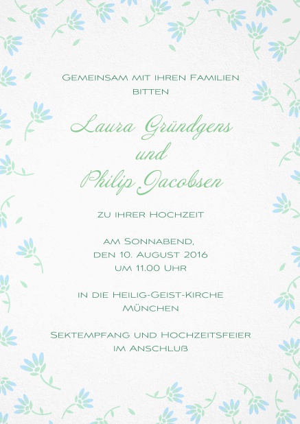 Einladungskarte zur Hochzeit mit zarten Blumen in verschiedenen Farben. Blau.