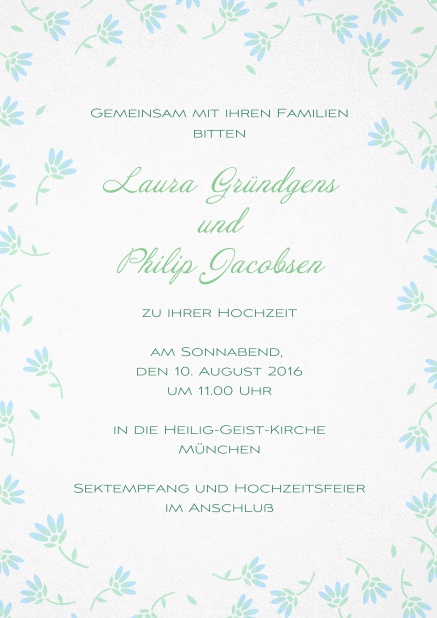Suesse Bluemchen - Blau - Hochzeitseinladungen Einladungskarte zur Hochzeit mit zarten Blumen in verschiedenen Farben. Blau.