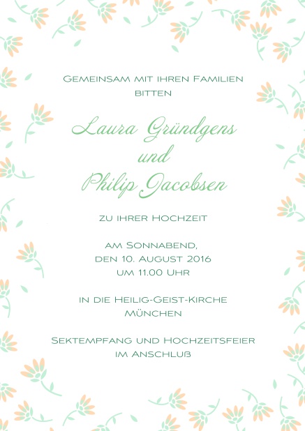 Suesse Bluemchen - Orange - Hochzeitseinladungen Einladungskarte zur Hochzeit mit Rahmen aus zarten gelben Blumen. Orange.