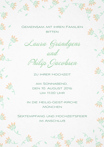 Einladungskarte zur Hochzeit mit zarten Blumen in verschiedenen Farben. Orange.