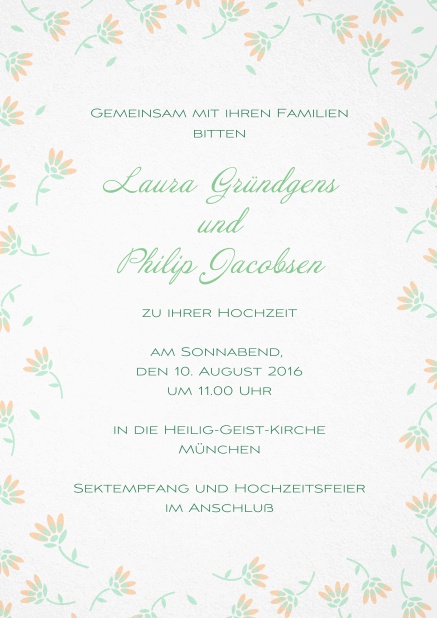 Suesse Bluemchen - Orange - Hochzeitseinladungen Einladungskarte zur Hochzeit mit zarten Blumen in verschiedenen Farben. Orange.