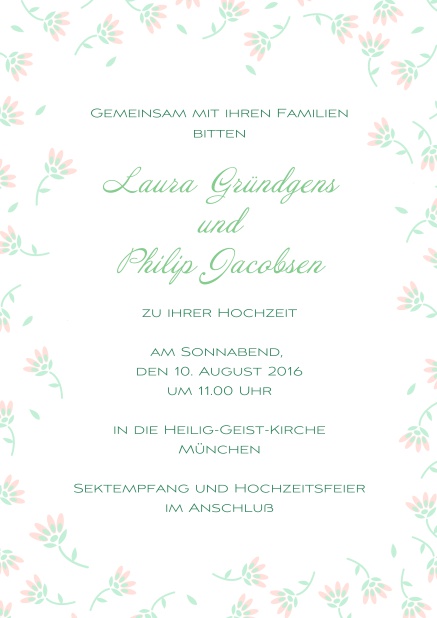 Suesse Bluemchen - Rosa - Hochzeitseinladungen Einladungskarte zur Hochzeit mit Rahmen aus zarten gelben Blumen. Rosa.