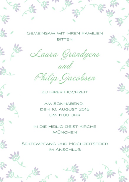 Einladungskarte zur Hochzeit mit Rahmen aus zarten gelben Blumen. Lila.