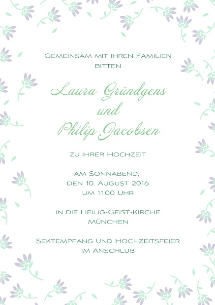 Suesse Bluemchen - Lila - Hochzeitseinladungen Einladungskarte zur Hochzeit mit Rahmen aus zarten gelben Blumen. Lila.