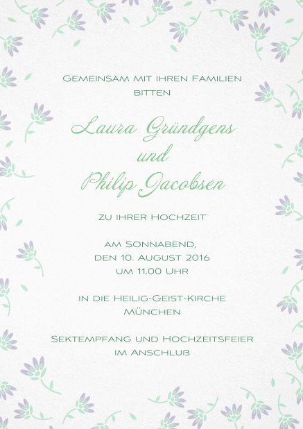 Einladungskarte zur Hochzeit mit zarten Blumen in verschiedenen Farben. Lila.