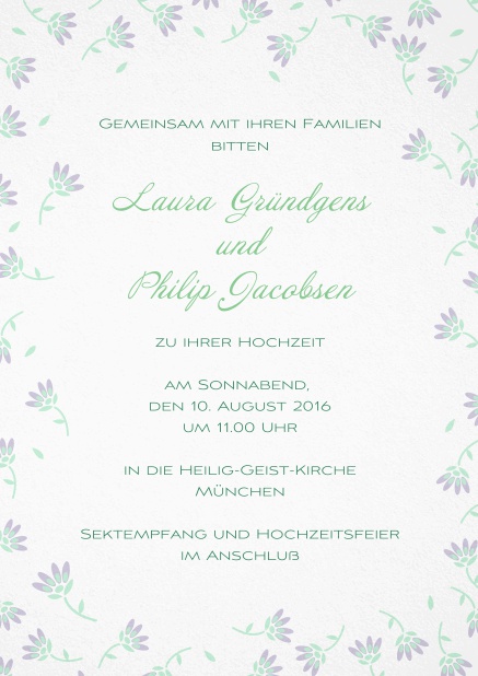 Suesse Bluemchen - Lila - Hochzeitseinladungen Einladungskarte zur Hochzeit mit zarten Blumen in verschiedenen Farben. Lila.