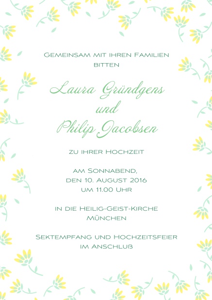 Einladungskarte zur Hochzeit mit Rahmen aus zarten gelben Blumen. Gelb.